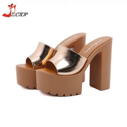 Sandales d'été à talons super hauts pour femmes Chaussures à talons épais compensés de 14 cm pour femmes à bout ouvert