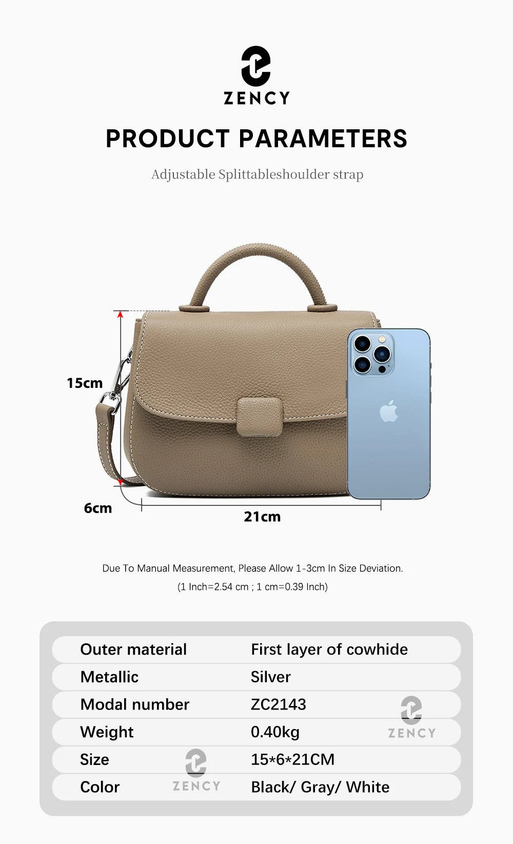 Zency Borsa a tracolla piccola semplice in vera pelle con manico superiore Borsa a tracolla firmata da donna Borsa a tracolla Bolsa 2025 Sac
