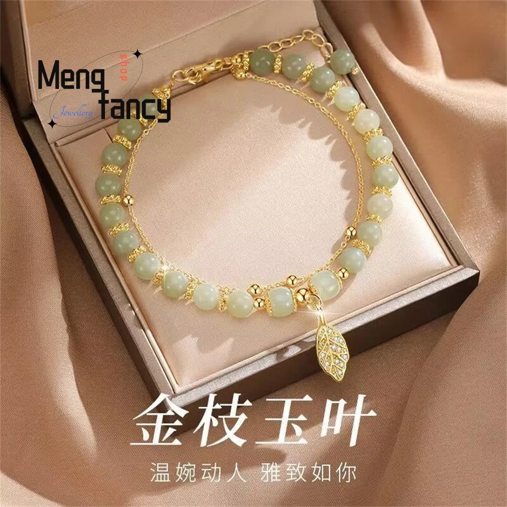 Bracciale con foglie di giada con ramo dorato di diaspro naturale di Hetian, squisito regalo di festa più venduto per gioielli di moda per ragazze sexy