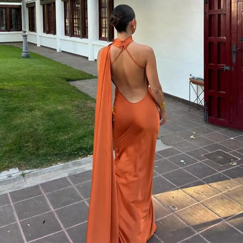 Elegante Abito Lungo da Festa in Raso con Nastro, Vestito Femminile Senza Maniche con Schiena Scoperta, Abiti Chic da Sera Primavera-Estate 2026