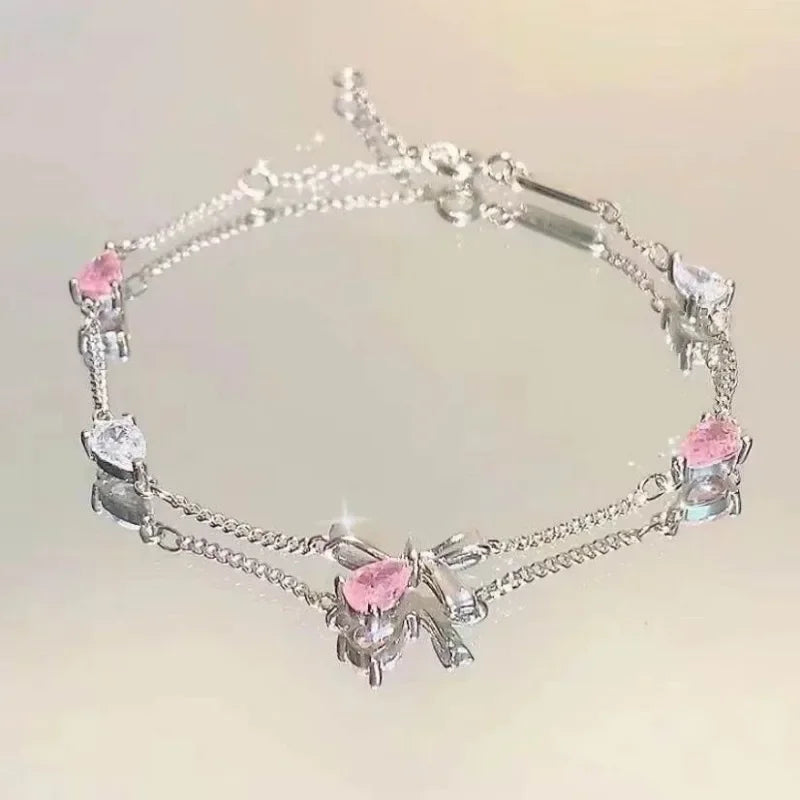 Braccialetti con fiori di ciliegio in cristallo rosa brillante per donne e ragazze, braccialetto con fiore a luna dolce e zirconi, gioielli estetici da festa