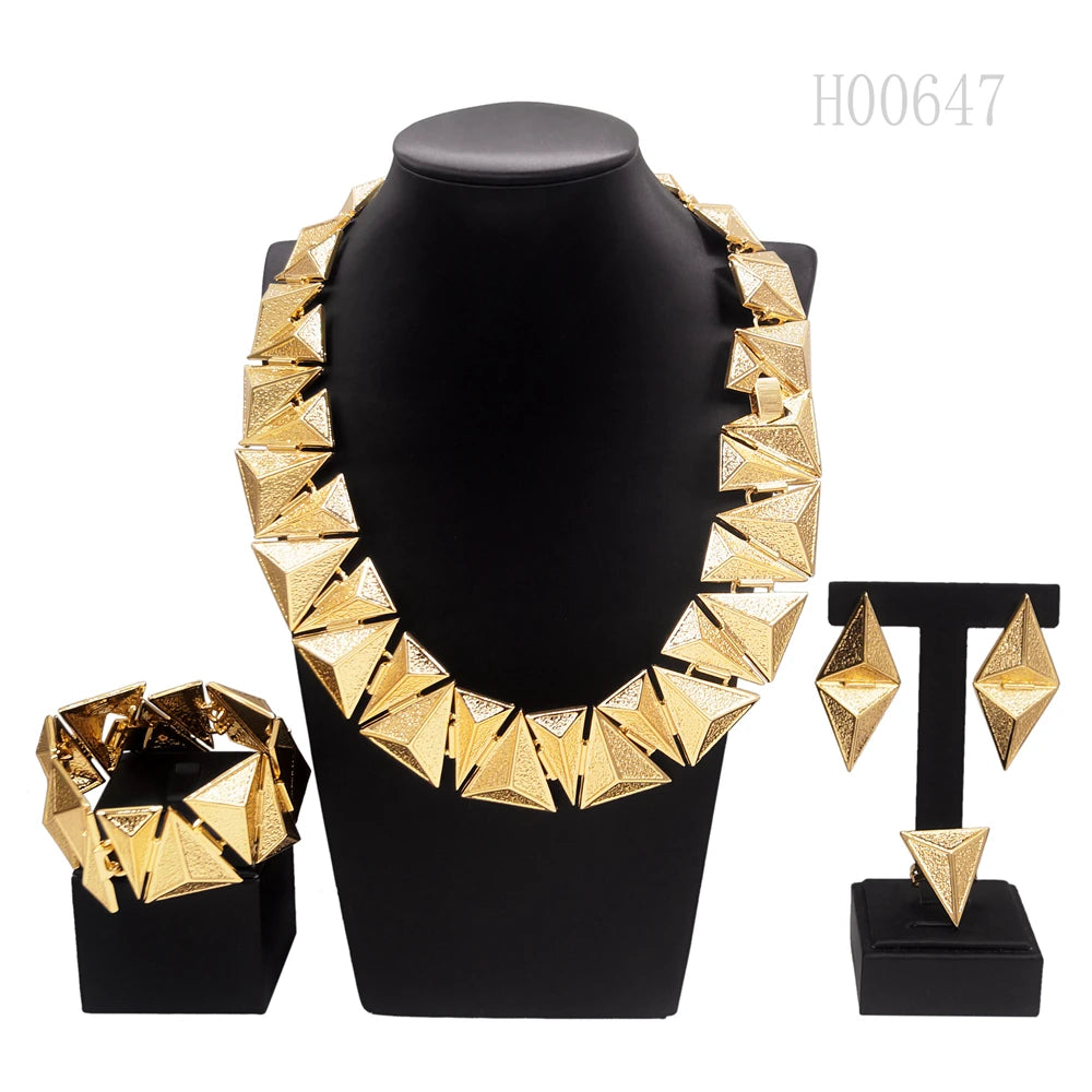 Parures de bijoux pour femmes, design personnalisé, collier plaqué or, boucles d'oreilles losanges, bague, bracelet, bijoux de mariage nigérians