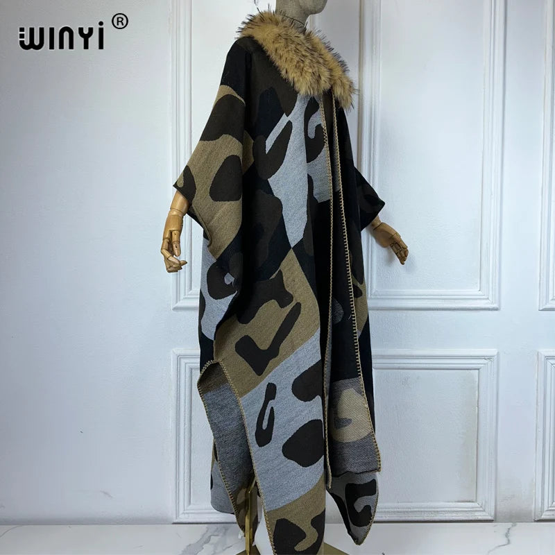 WINYI Africa Collo in pelliccia artificiale Cardigan invernale maxi kimono vestito da festa abaya dubai luxur abiti invernali per donna piumino