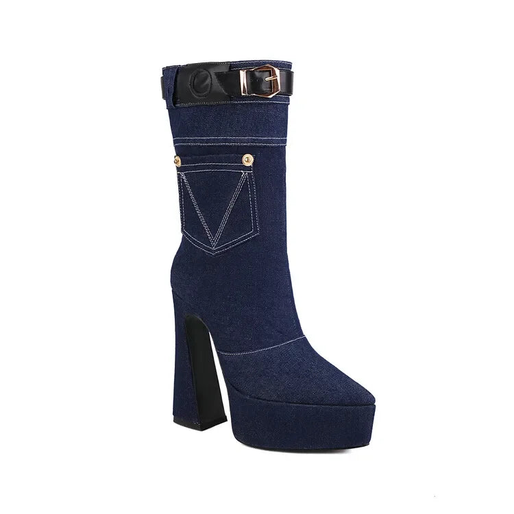 Denim Short Plush Boots Thick Bottom 15cm High Heel Pointed Elastic Size 34-45 Short Boots 2024 New Winter Women's Shoes