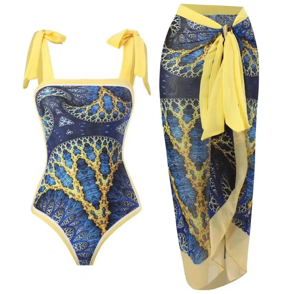 2 pezzi/set costume monokini da donna stampa vintage costume intero con cravatta al collo quadrato con gonna costume da bagno da donna con copertura da spiaggia