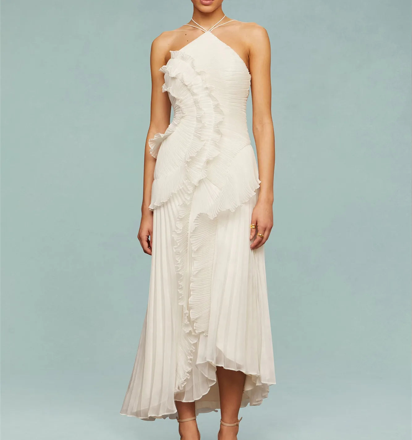Abito lungo plissettato con volant da donna elegante Abito lungo fluido pieghettato a strati irregolare con scollo all'americana senza maniche per la festa di nozze