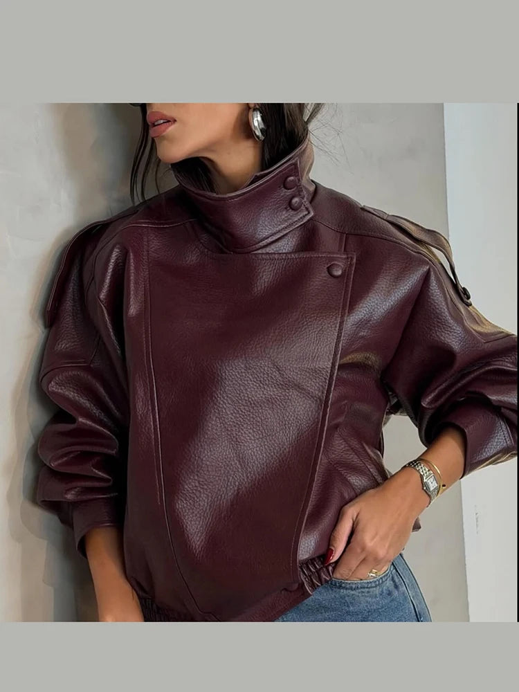 Giacche Corte in Ecopelle Nera alla Moda per Donne, Cappotti Oversize Retrò con Collo Alto e Maniche Lunghe, Abbigliamento Classico da Strada per Autunno e Inverno