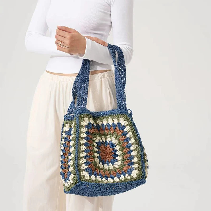 Borsa estiva intrecciata a mano Borsa con motivo abbinato ai colori Fodera in tela Tote di grande capacità Borsa da spiaggia per vacanze al mare Borsa da donna