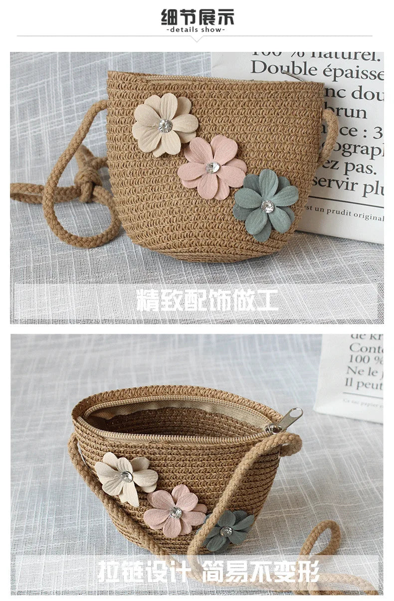 Borsa a tracolla in tessuto di paglia per bambini estivi belle ragazze borse portamonete piccole borse a tracolla per bambini Mini portafoglio principessa
