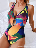 Sexy Color Block Triangle One Piece Swimsuit with Cross Back Strap for Holiday Hot Spring Swimming Suit Polyester Fabric