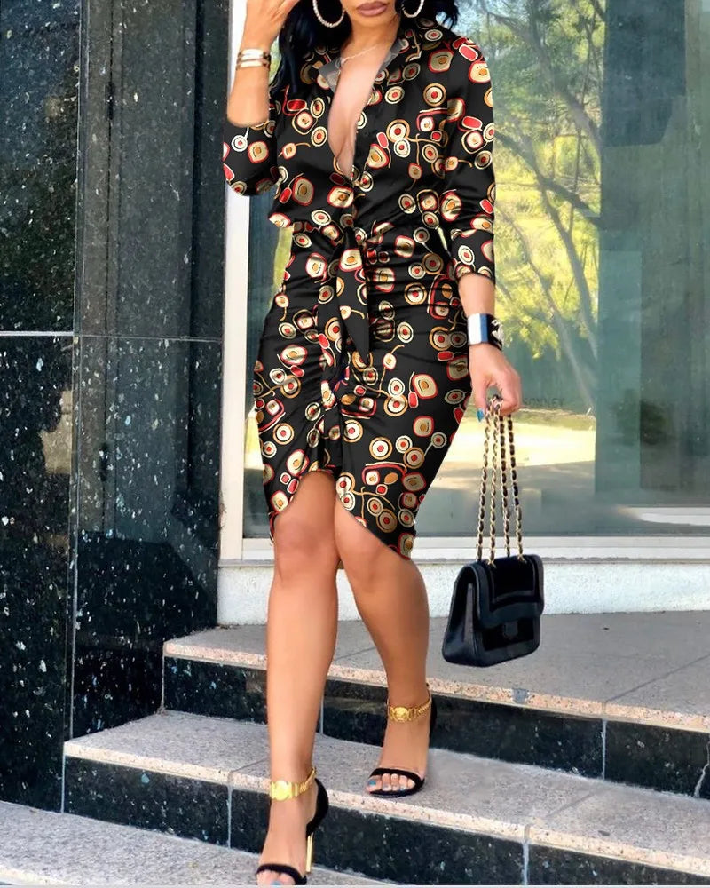 Mini abito da donna da ufficio skinny elegante a maniche lunghe per donna Abito sexy aderente con scollo a V profondo nero