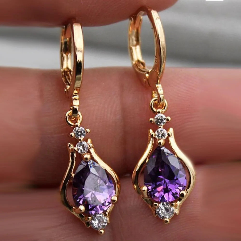 ZAKOL Orecchini a cerchio con goccia in pietra di cristallo viola lucido vintage per le donne Acqua Dorp Boho Orecchini pendenti lunghi Regalo di gioielli