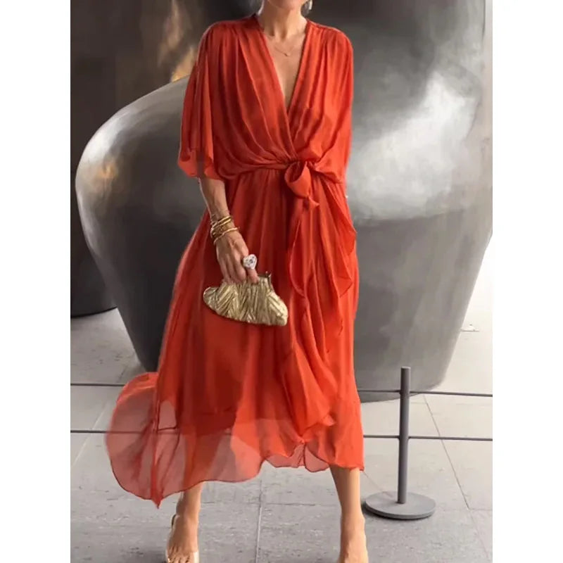 Abiti da festa eleganti in chiffon solido per le donne Sexy scollo a V maniche a pipistrello Lace Up Ruffles Abito lungo irregolare Abito casual Femme