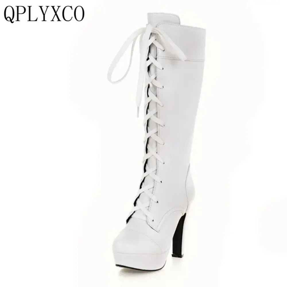 QPLYXCO Knee High Boots Women New Fashion Small Big Size 31-45 Autumn Winter Warm Lace Up High Heels Long Platform Boots M-20