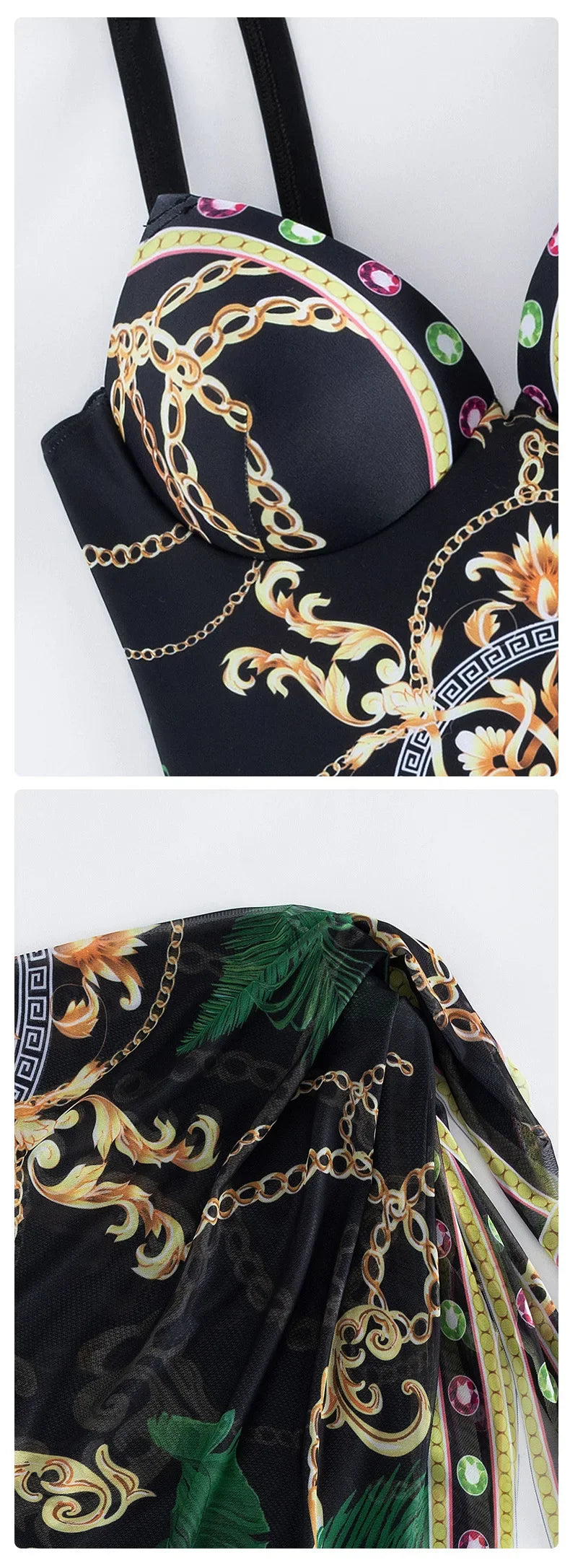2025 New Underwire Women Sexy Swimsuit 2 Pieces Swimwear Slim Monokini Chains Print Push Up Bikinis Black Blue Green Beachwear