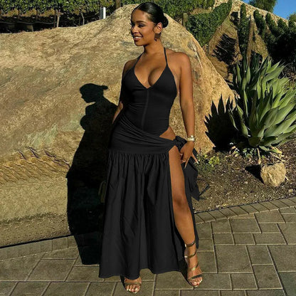 Woman Summer Vacation Sexy Cut Out Dress Sets Halter Deep V Neck Bodysuit and Tie Maxi Long Skirt Set Party 2 Two Piece Outfit