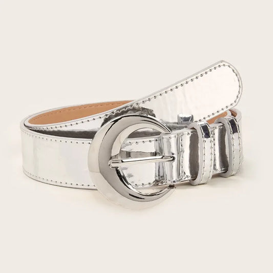 Cintura con fibbia argentata in pelle a specchio di nuova moda Jeans decorativi con cintura da donna retrò semplice e versatile con stile alla moda