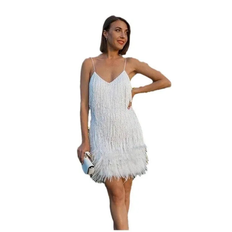 Abito estivo elegante con nappe e paillettes Abito da donna sexy sottile senza maniche con scollo a V a vita alta con bretelle e cuciture in piume