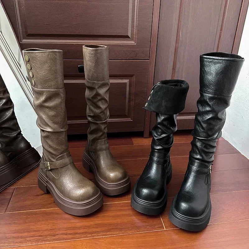 Women's Platform Motorcycle Boots Buckle Strap Thick-soled Boots Feamle New Fashion Black PU Leather Western Knight Botas Mujer