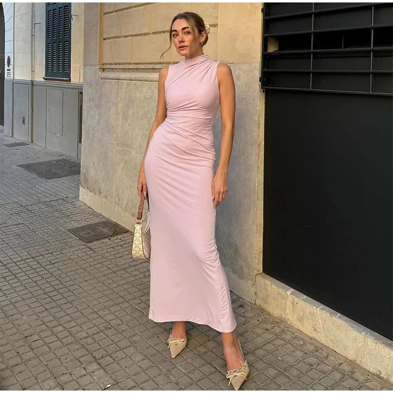 Abito da donna solido pieghettato O collo Slim Hip Package abiti lunghi da donna 2024 moda senza maniche Summer Evening Party abito femminile