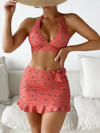 Bikini da donna a taglio basso con gonna a balze costume da bagno a tre pezzi costume da bagno Sexy con fasciatura all'americana Monokini costumi da bagno senza schienale