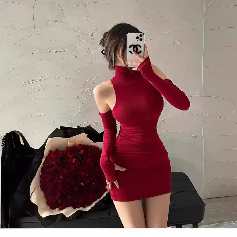 Robe moulante sexy d'été à col montant avec mancherons, bas plissé et hanches enveloppées pour femme