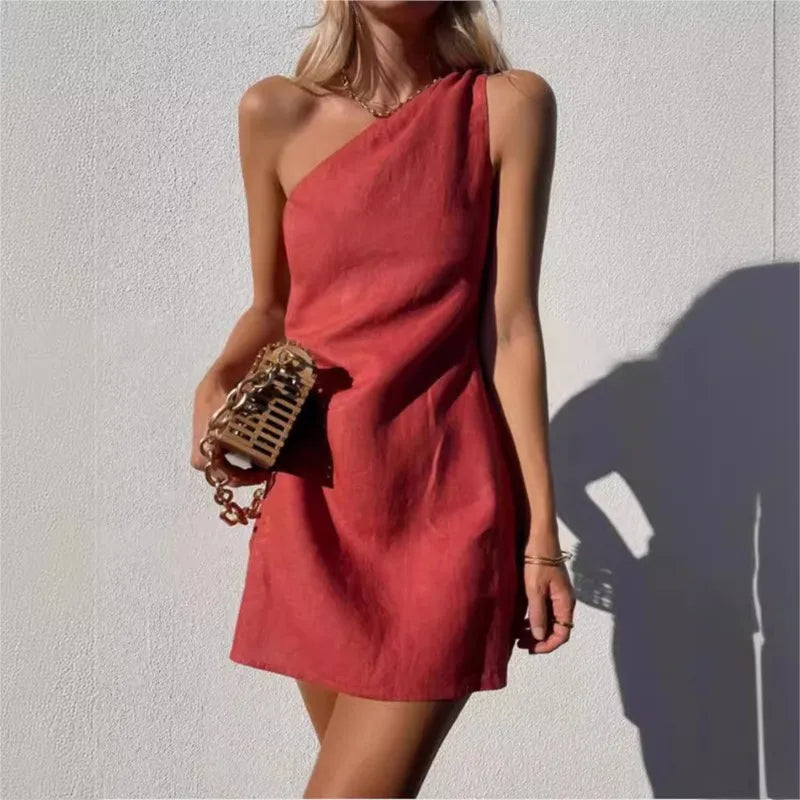 Summer Sexy Women Fashion Solid Mini Dress One-shoulder Asymmetric Diagonal Collar Cotton And Linen Casual Loose Elegant Dress
