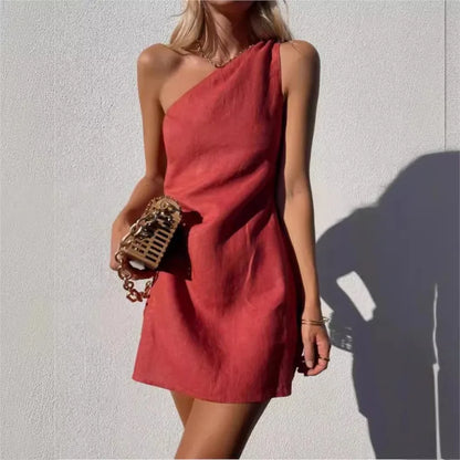 Summer Sexy Women Fashion Solid Mini Dress One-shoulder Asymmetric Diagonal Collar Cotton And Linen Casual Loose Elegant Dress