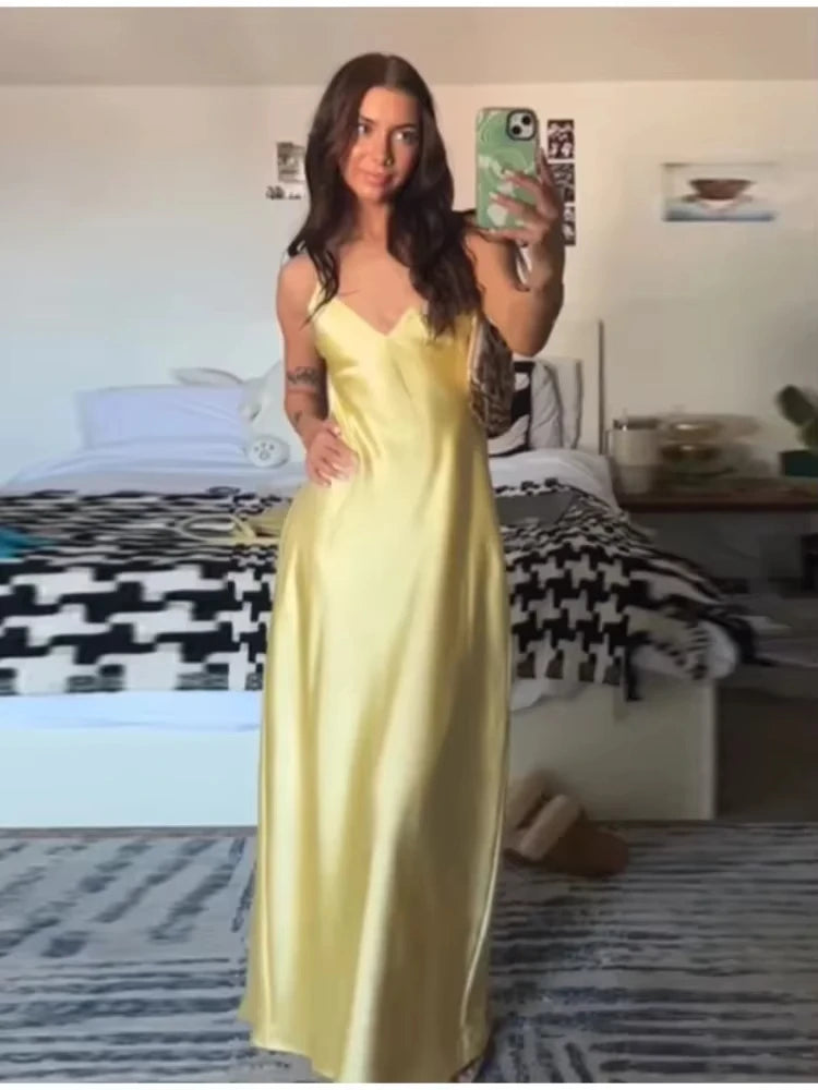 HH Abito estivo da donna con scollo a V giallo macchia Abito elegante senza maniche ampio Maxi abiti 2025 Nuovi abiti da festa per feste da donna