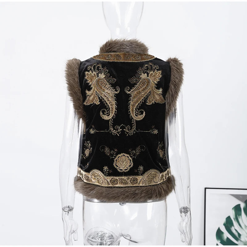 Gilet senza maniche modello Paisley vintage da donna con finiture in pelliccia di procione Gilet moda Capispalla 2025 Autunno Inverno Streetwear
