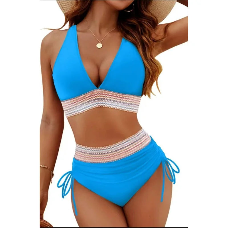 Ensemble de bikini sexy à col en V profond pour femme 2026, plage d'été avec coussin de poitrine, maillot de bain taille haute, bikini triangle à cordon de serrage