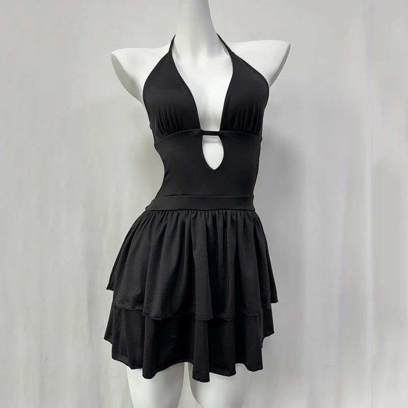 Sommer Sexy Rückenfreies Kleid Damen Mode Neckholder Schnürung A-Linie Rüschen Kleider Damen Tiefer V-Ausschnitt Urlaub Strandkleid
