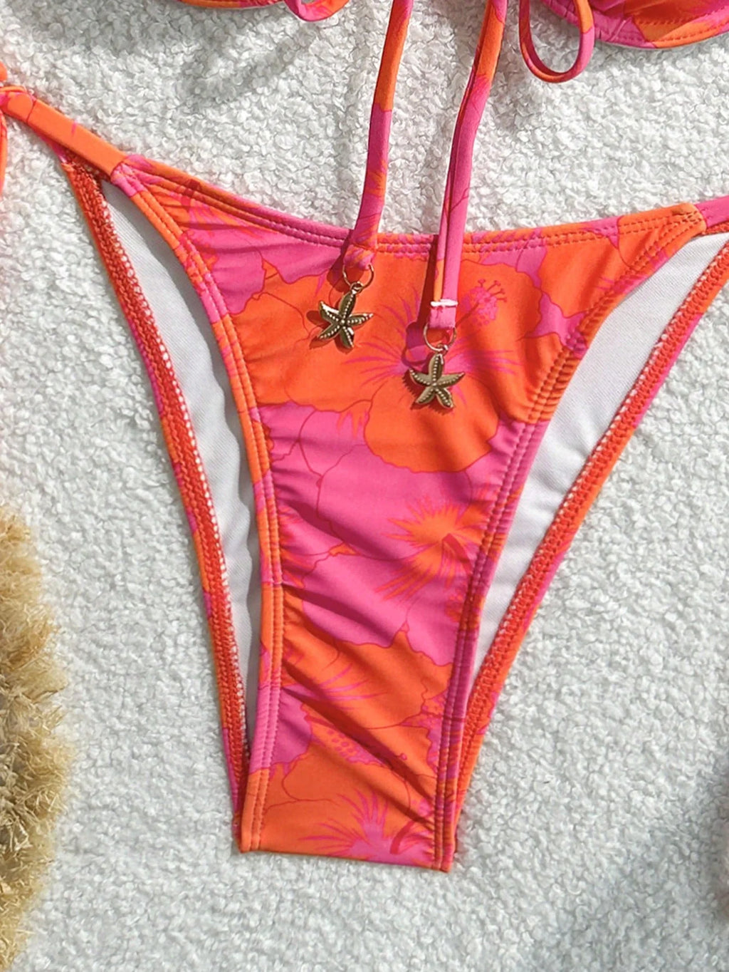 Orange Pink Hibiscus Print Underwire Push Up Bikini Set Tie Side High Cut Starfish Charm 2 Piece Swimsuit Women Summer Beachwear