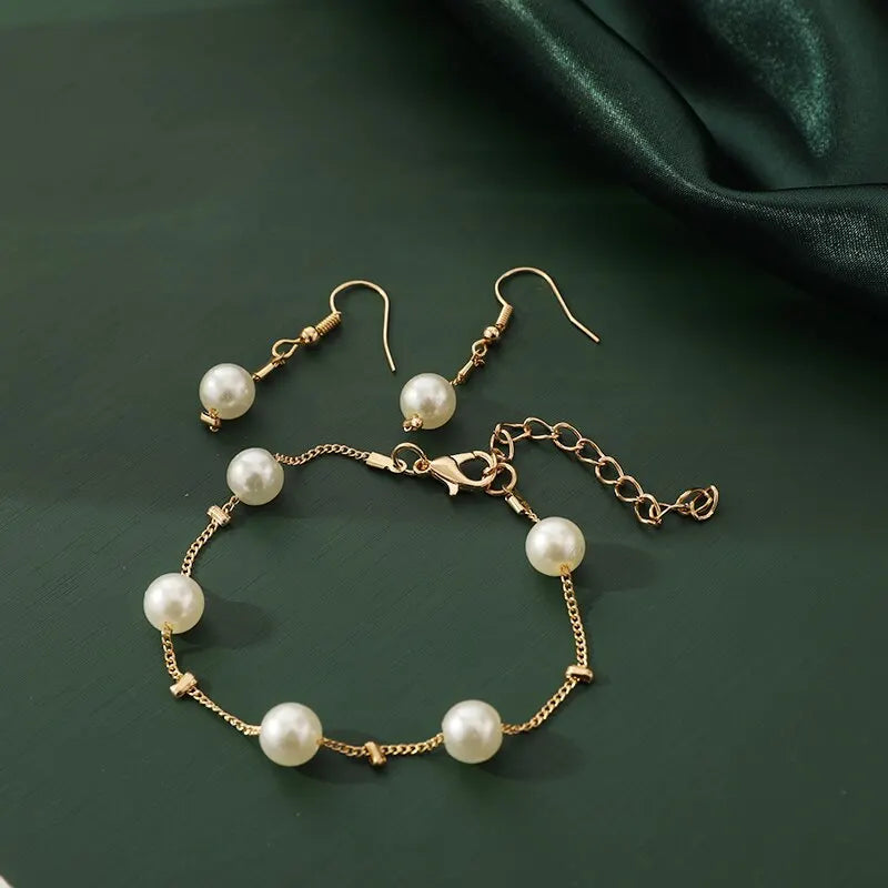 4 pezzi di collana color oro, orecchini, bracciale, set da donna, elegante collezione di perle d'imitazione, gioielli con nappa temperamento