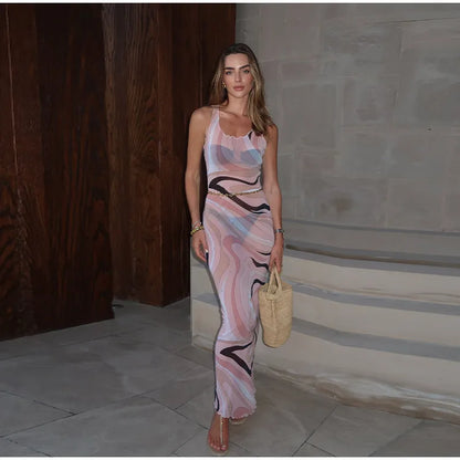 Abito lungo aderente aderente in rete trasparente da donna sexy Stampa chic senza maniche Slim Fit Abiti lunghi per le vacanze al mare Abito femminile quotidiano casual