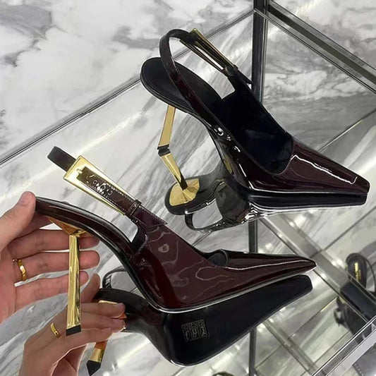 New Autumn 2024 Square Toe Slim Heel Retro Toe Women's Shoes with Patent Leather High-heeled Sandals