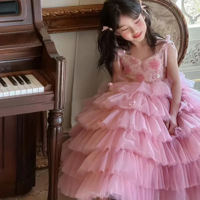 Mädchen Prinzessinnenkleider Ärmelloses bauschiges Kinder Süßes Tüllkleid Glänzendes Kuchen Rückenfreies Geburtstagsparty-Kleidung Kinder Ballkleid