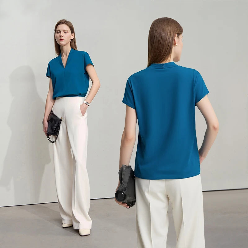 AMII Minimalism 2026 T-shirt Estiva da Donna Stile Classico Casual Scollo a V Manica Corta Tinta Unita Elasticizzata Top e Magliette Femminili 12312013