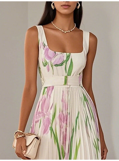 Abito lungo sexy con stampa floreale Donna Estate 2025 Abiti maxi con cinturino senza maniche alla moda eleganti
