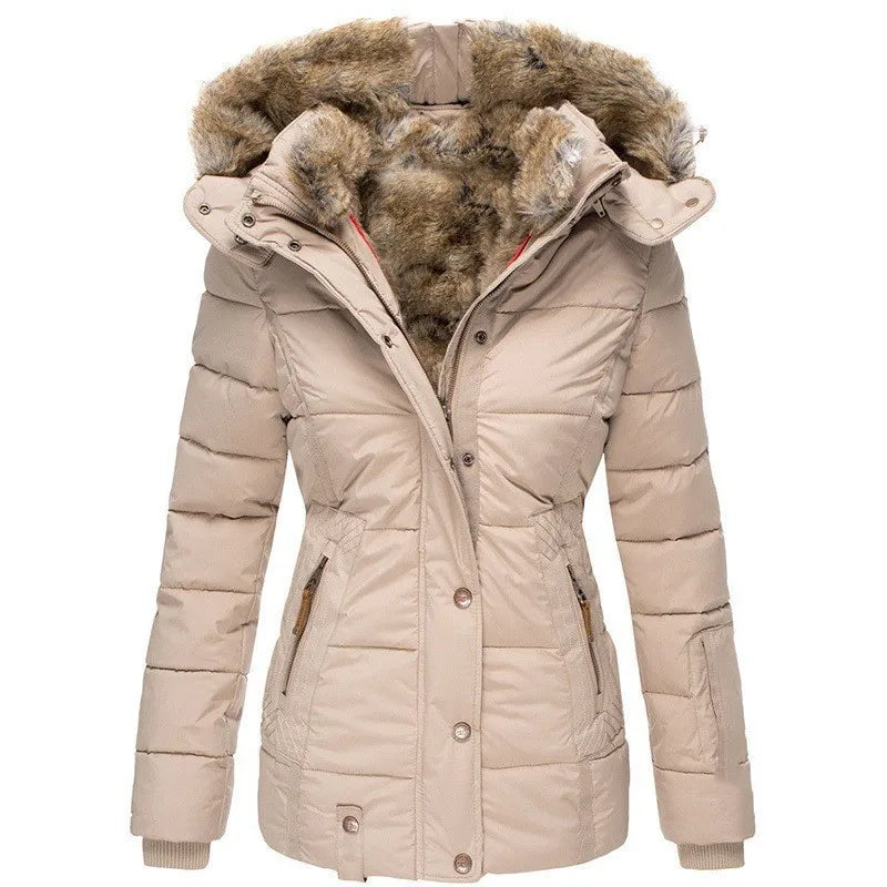 Inverno di Nuovo Modo delle Donne di Colore Solido Sottile Casual Alla Moda Collo di Pelliccia Con Cappuccio Semplice di Base Trapuntato Cappotti Vestiti Femminili Parka