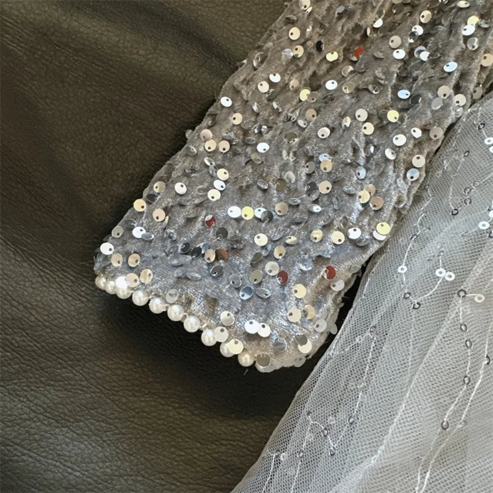 Abiti da ragazza Moda autunnale Nuova maglia patchwork con paillettes Abito da principessa a maniche lunghe Tinta unita Abbigliamento per bambini di Capodanno