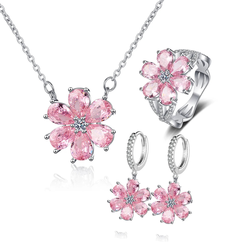 Parure de bijoux pour femmes bague de mariage à la mode zirconium rose cristal fleur pendentif bracelets boucles d'oreilles colliers bagues FCGJHW