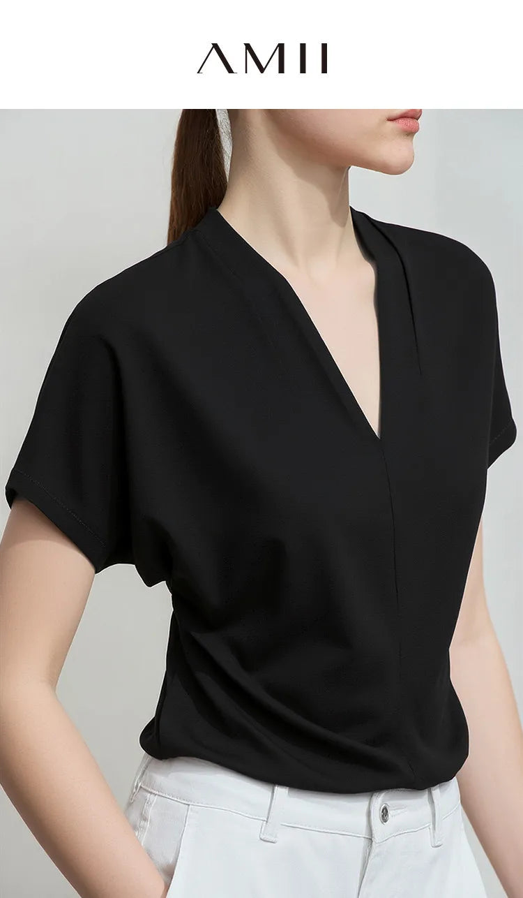 AMII Minimalism 2026 T-shirt Estiva da Donna Stile Classico Casual Scollo a V Manica Corta Tinta Unita Elasticizzata Top e Magliette Femminili 12312013
