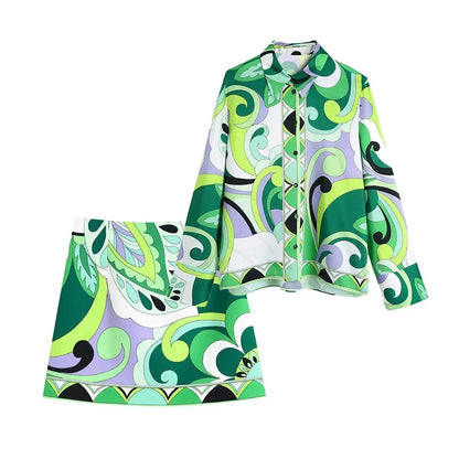 Summer Skirt Sets Women Tops Fashion Long Sleeve Plant Print Flower Shirt High Waist A-line Skirt Boho Beach Sets Y2k Skirt