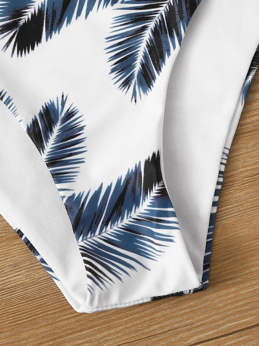 Women's Wrap V Neck Bikini Set - Solid Top & Tropical Palm Print Bottom, Spaghetti Straps High Cut Two Piece Swimsuit for Beach