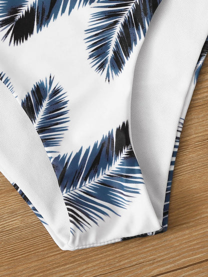 Damen-Wickel-Bikini-Set mit V-Ausschnitt – einfarbiges Oberteil und tropischer Palmenmuster-Slip, zweiteiliger High-Cut-Badeanzug mit Spaghettiträgern für den Strand