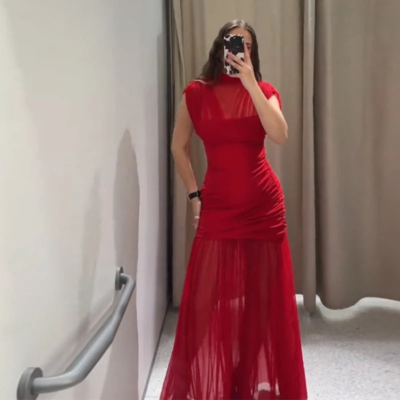 Maglia sexy vedere attraverso lungo abito rosso senza maniche piega patchwork a-line maxi abiti da festa femminile 2025 estate signora abiti slim