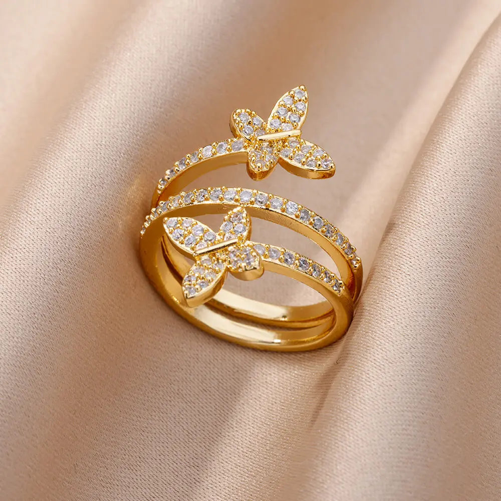 Anelli a doppia farfalla con zirconi per donna Anello multistrato aperto color oro in acciaio inossidabile Gioielli per festa di nozze di moda 2024 Nuovo