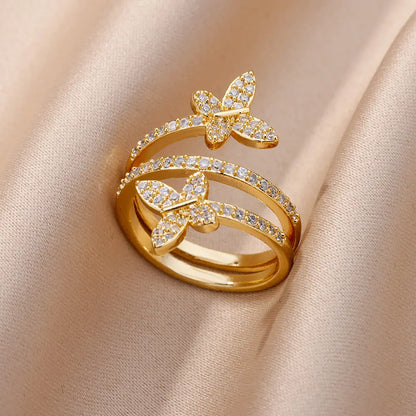Anelli a doppia farfalla con zirconi per donna Anello multistrato aperto color oro in acciaio inossidabile Gioielli per festa di nozze di moda 2024 Nuovo