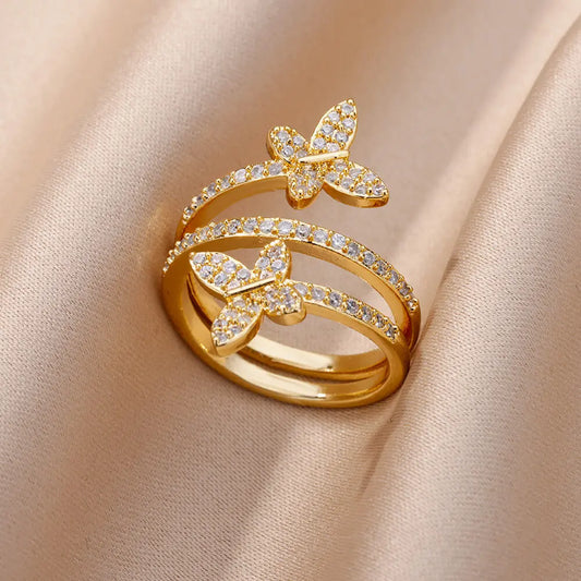 Anelli a doppia farfalla con zirconi per donna Anello multistrato aperto color oro in acciaio inossidabile Gioielli per festa di nozze di moda 2024 Nuovo